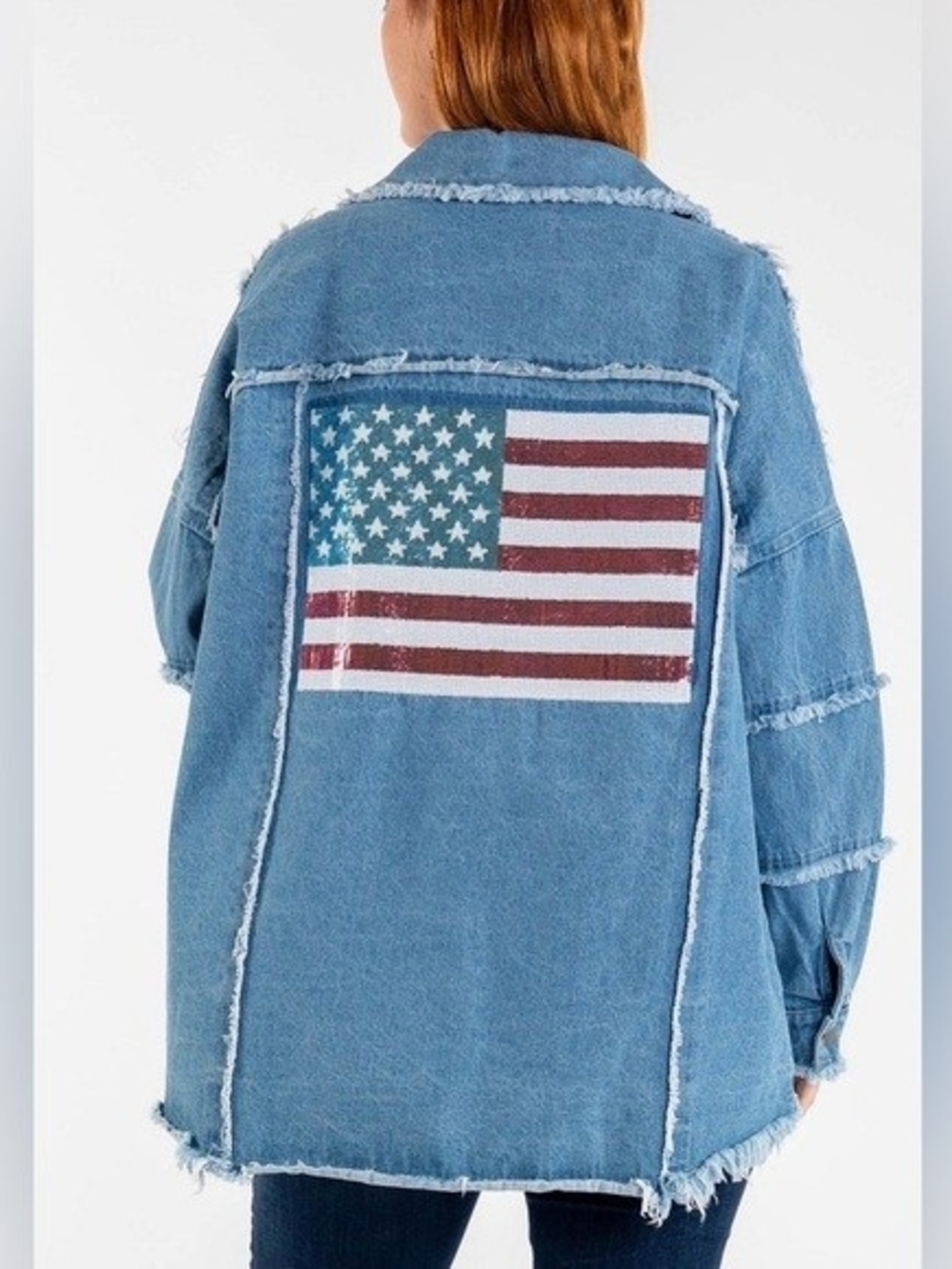 Blu Velvet Distressed Oversized Denim Jacket with Seqin Flag Patch